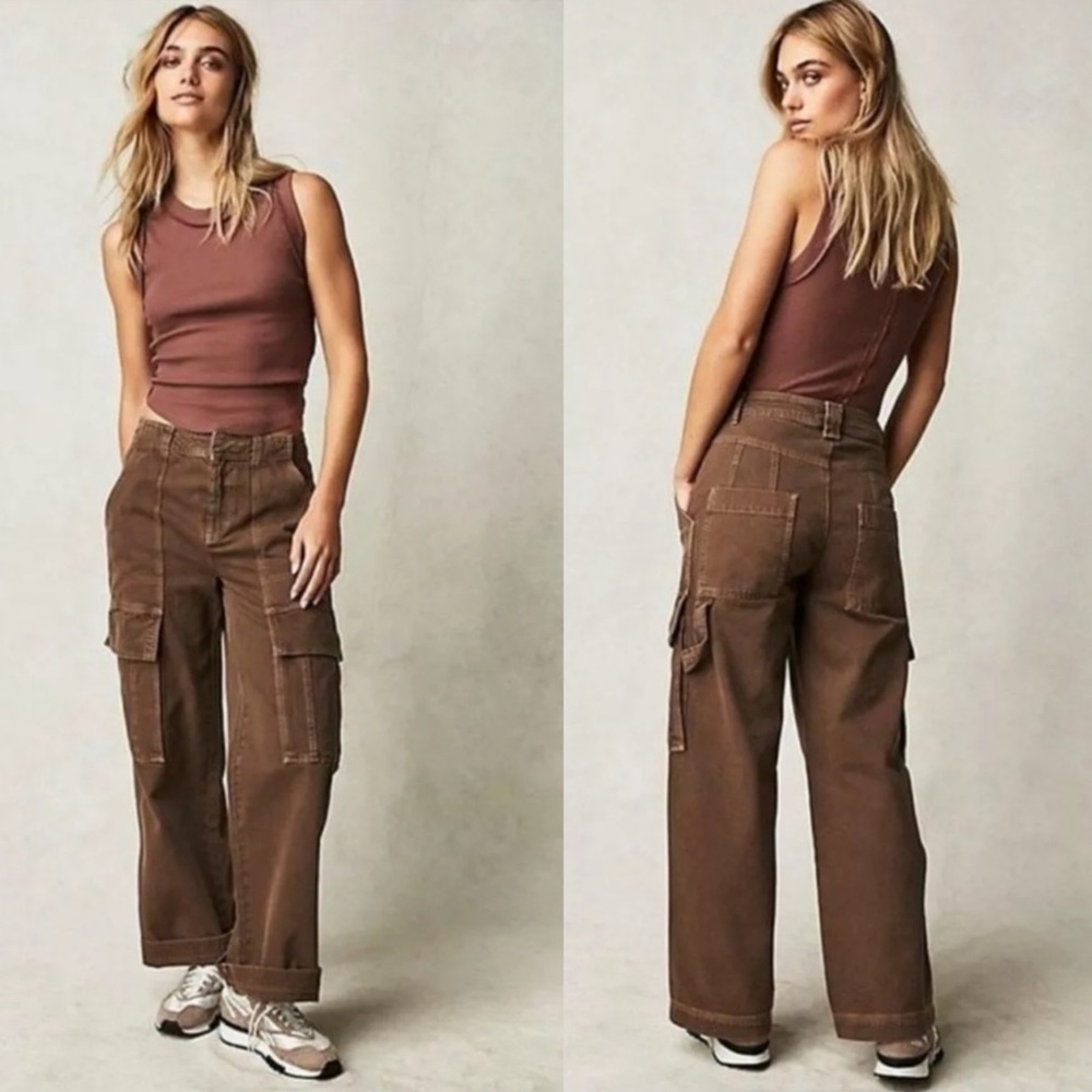 Free People Judd Carpenter Cargo Baggy Jeans in Bison Brown Size 28